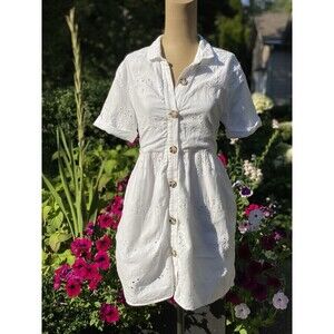 Zara White Embroidered Lace Eyelet Button Up Collared Dress Women’s Size Small